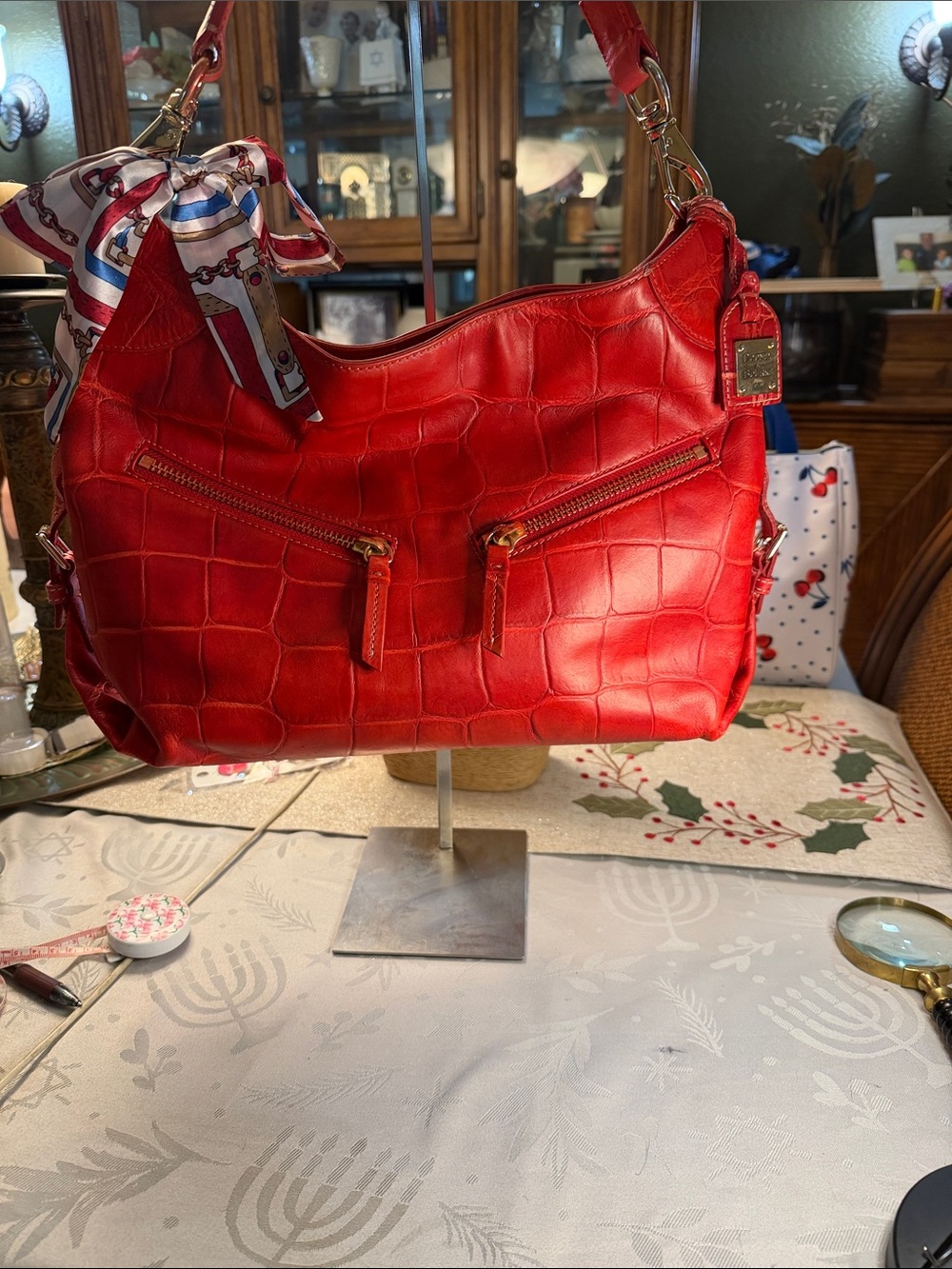 Dooney & Bourke Red Croc-Embossed Leather Shoulder Bag with Gold Hardware
